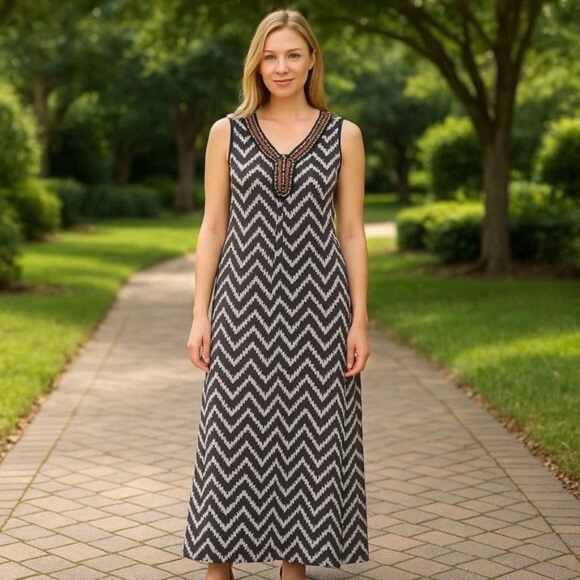Chico's Tribal Print Beaded Sleeveless Maxi Dress Size 2 (Women's L) Brown White - Picture 1 of 6